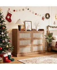 gaomon Farmhouse 6 Drawer Dresser for Bedroom, Rattan Chest of Drawers with Storage,Large Dresser Chest of Drawers with Gold Handle