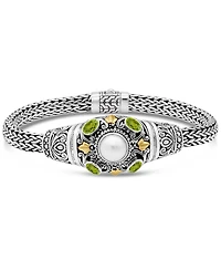 Devata Peridot, Freshwater Cultured Pearl and Filigree with Dragon Bone Chain Bracelet Sterling Silver 18K Gold Accents