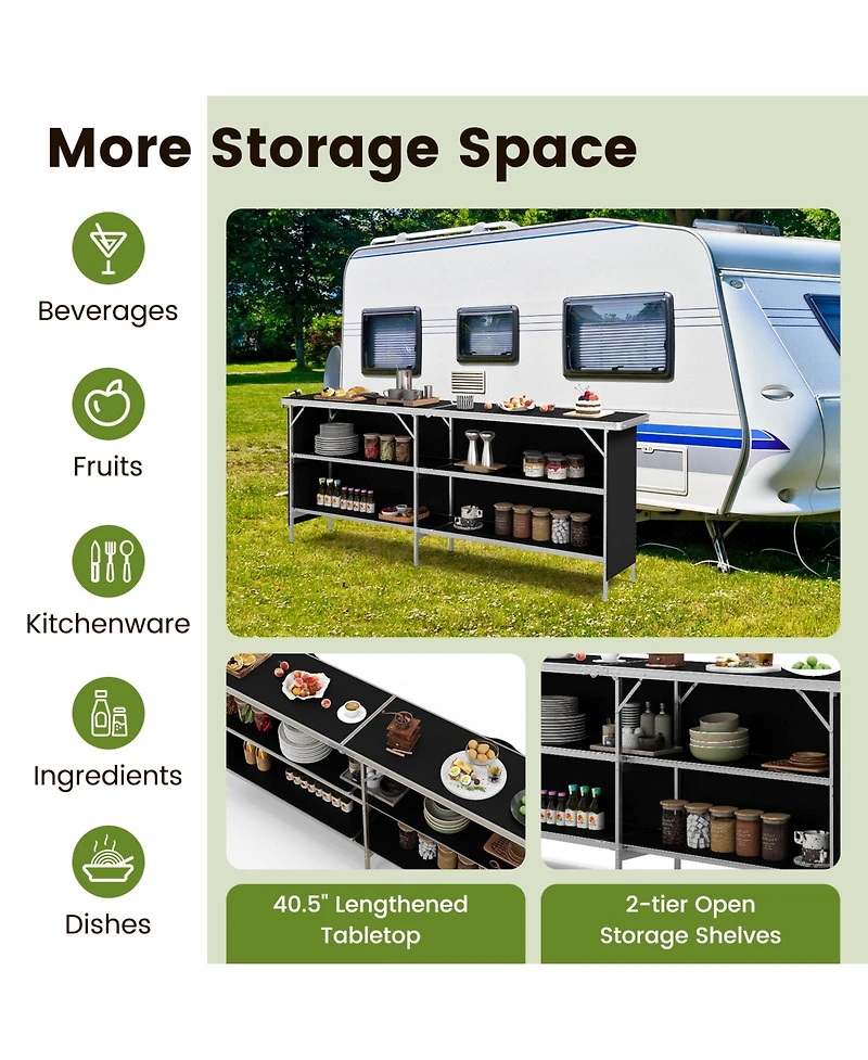 Gymax Portable Bar Table Folding Camping with Aluminum Alloy Frame 2-Tier Shelves