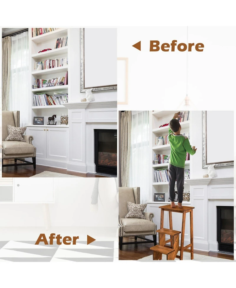 Gouun 30 in. Folding 3-Tier Rubber Wood Step Ladder with Storage Shelf Function