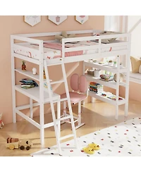 Gouun Twin Size Wood Loft Bed with Study Desk, Multi-Tier Bookshelves and Ladder