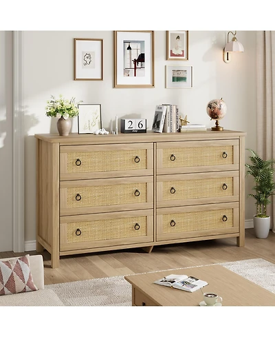 gaomon 6 Drawer Rattan Dresser for Bedroom, Tall Freestanding Boho Chest of Drawers
