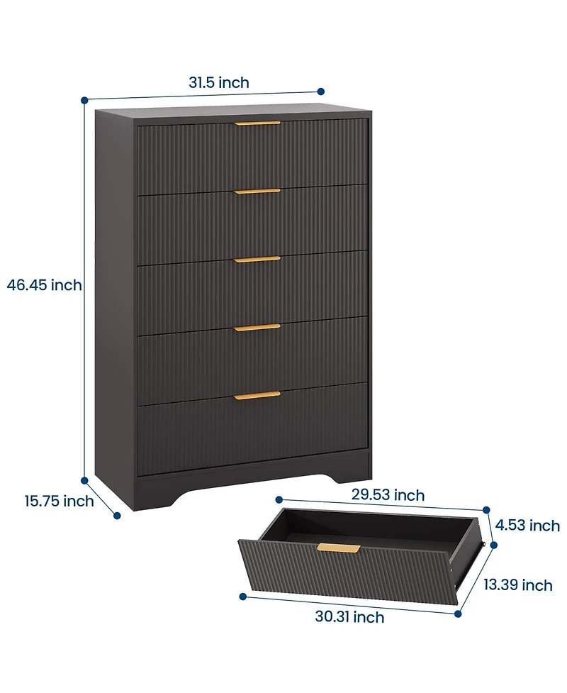 gaomon Fluted 5 Drawer Dresser for Bedroom, 47" Tall Wood Chest with Gold Handles Storage Cabinet
