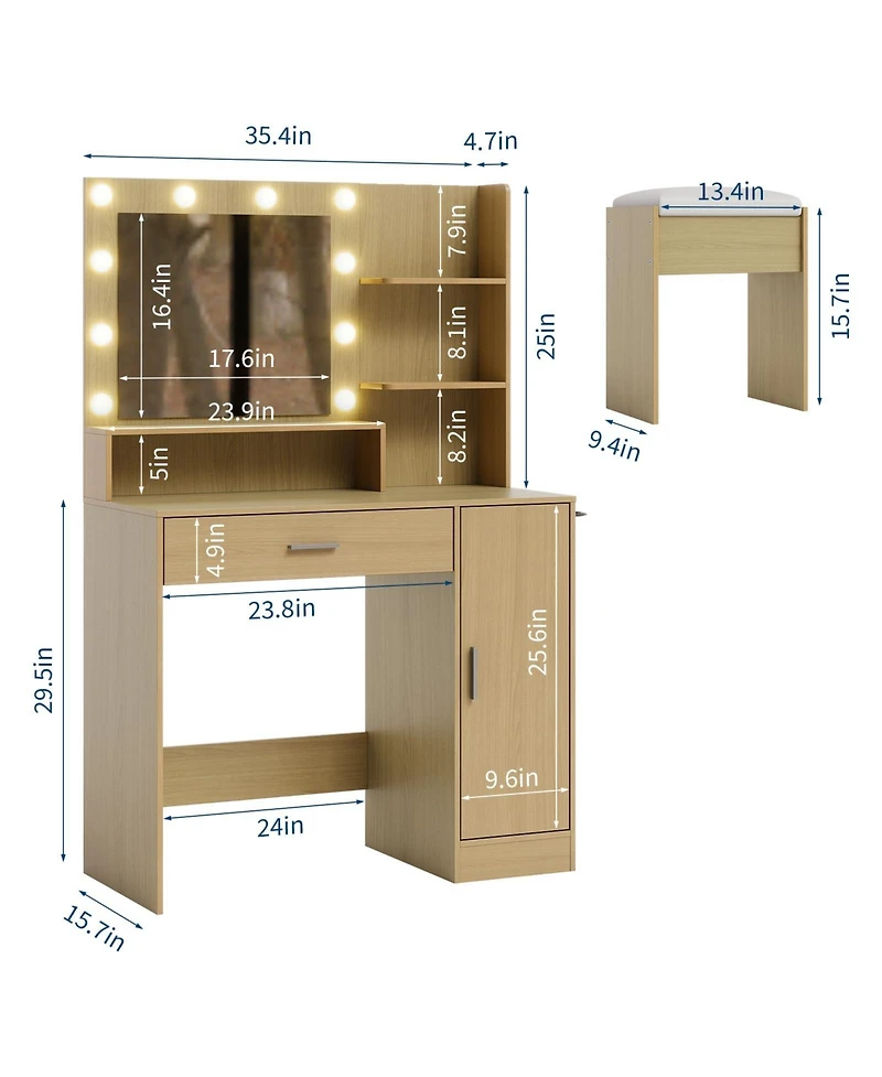 Homfan Modern Vanity Desk with Mirror Led Lights, Power Outlet, Storage Shelf, Hairdryer Rack, Adjustable Lighting, Cushioned Stool for Bedroom