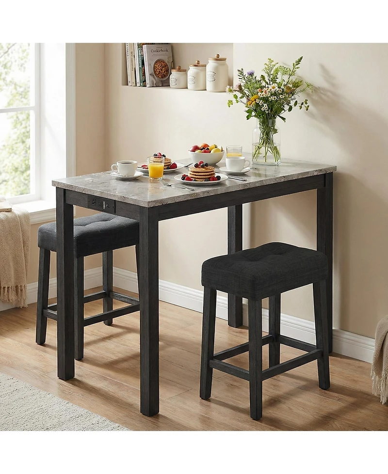 Slickblue 3 Piece Bar Table Set with Charging Station and Faux Marble Top Design