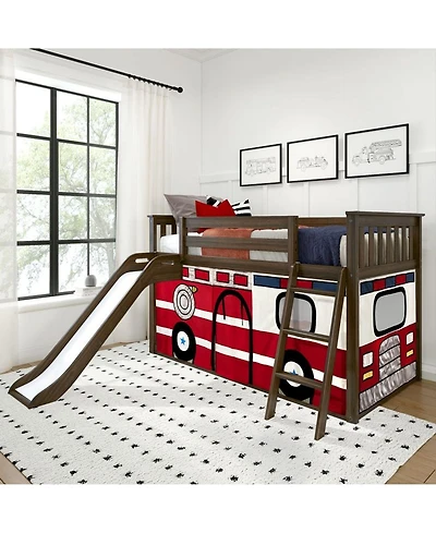 Max and Lily Low Bunk With Easy Slide Firetruck Curtain
