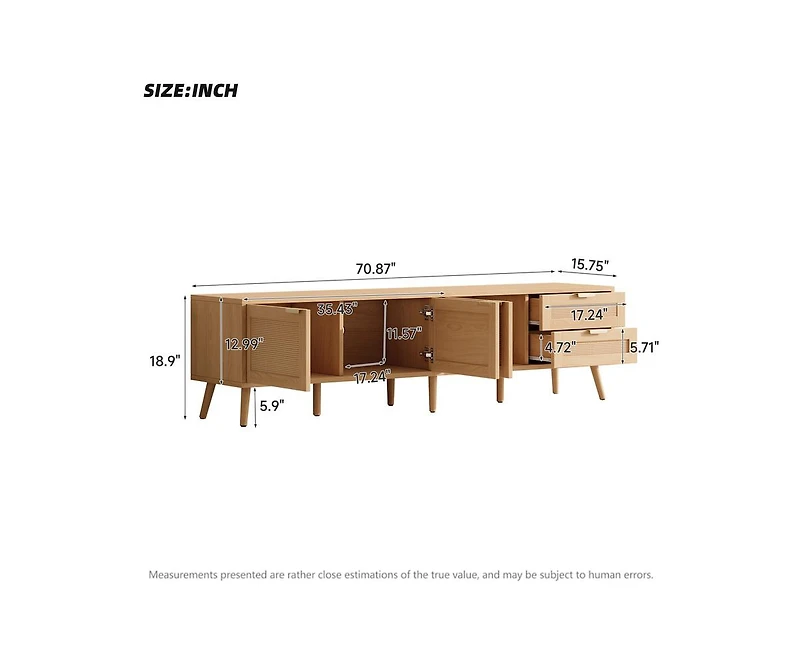 sumyeg 70 inch Modern Cabinet Tv Stand with Rattan Doors 2 Drawers & Cable Holes