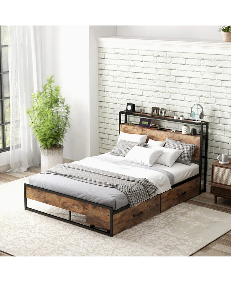 Gouun Full Size Bed Frame with Charging Station, 2 Headboard Shelves and Pull-Out Drawers