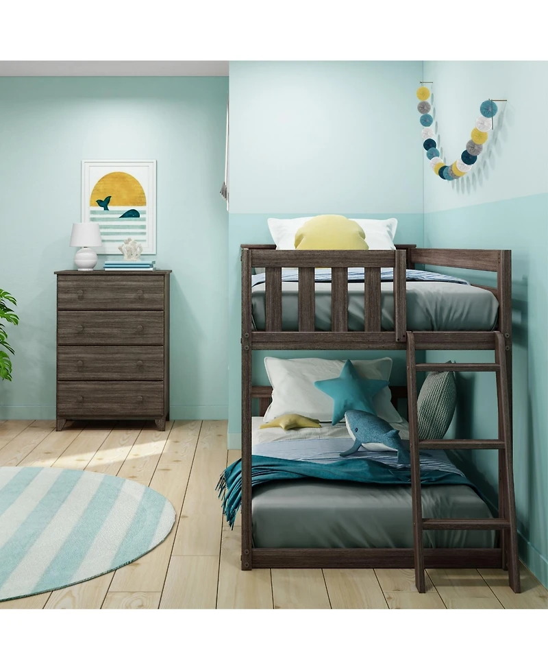 Max & Lily Twin Over Low Bunk Bed With Ladder on End, Pecan