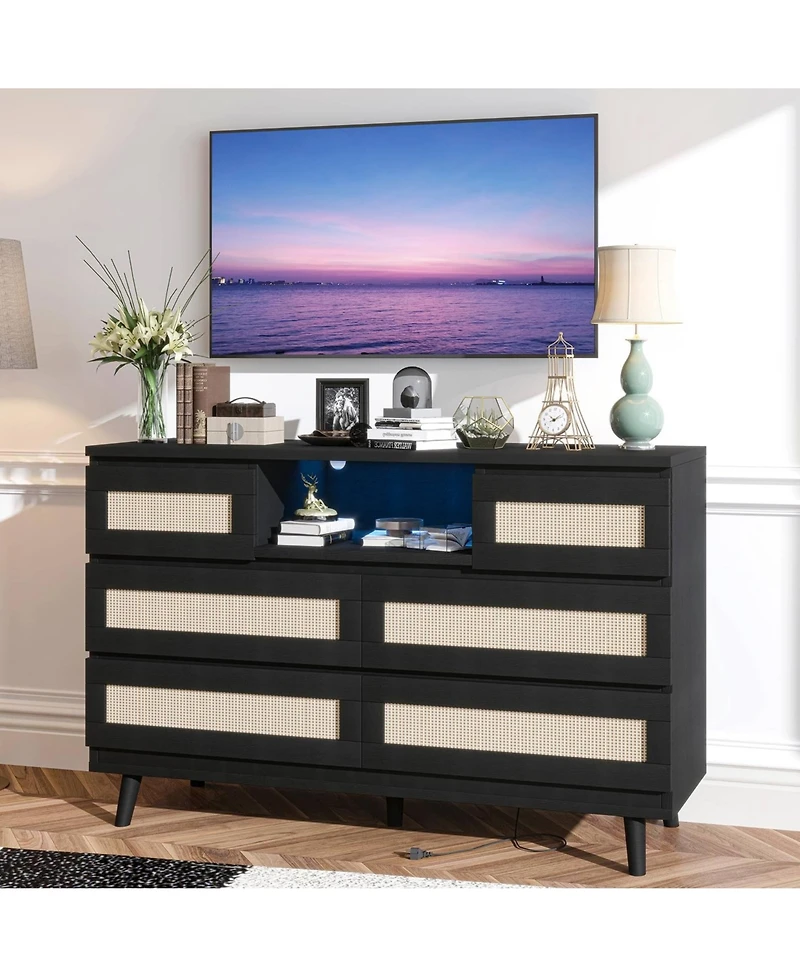 gaomon 6 Drawer Rattan Dresser with Led Lights and Charging Station, Modern Double Chest