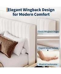 gaomon Bed Frame with Velvet Wingback Headboard, Vertical Tufting