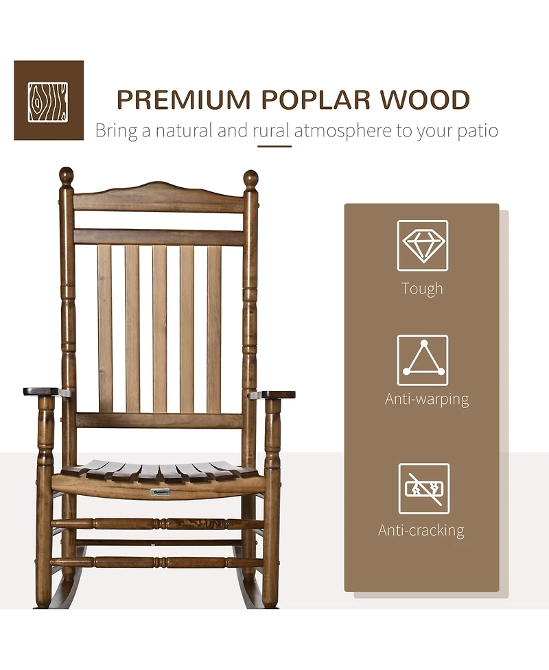 Outsunny Traditional Wooden High-Back Rocking Chair for Porch, Indoor/Outdoor, Brown