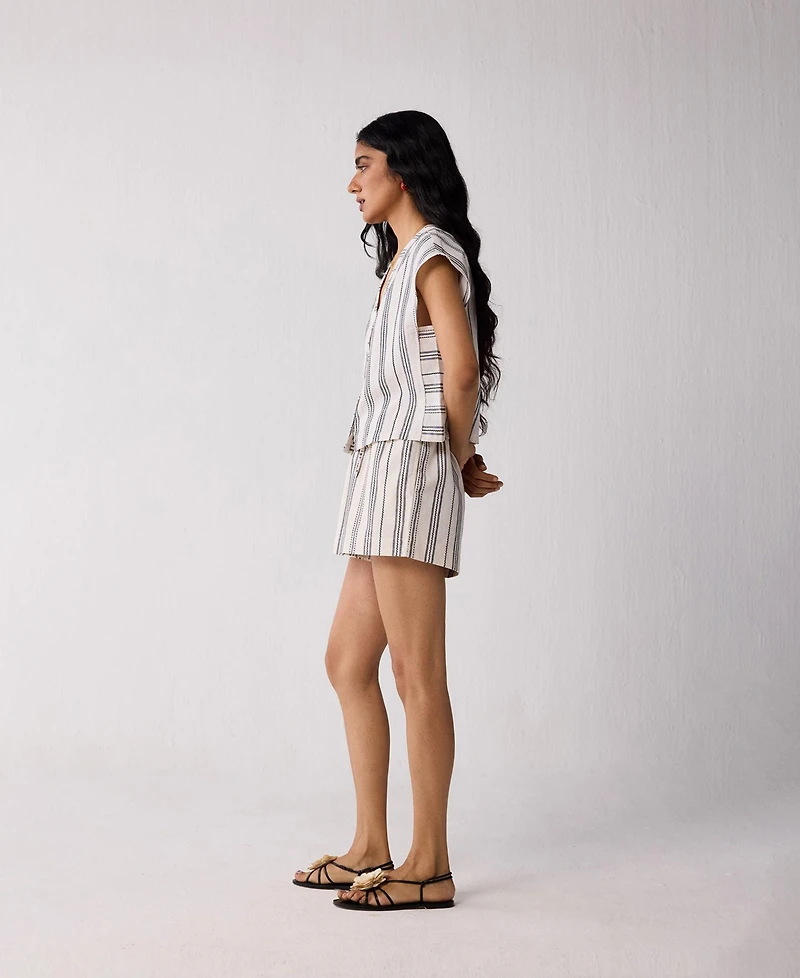 Reistor Women's Striped Matching Set with Regular Shorts and V-neck Top