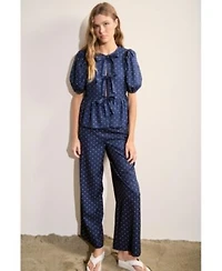 Womens Polka Dot Puff Sleeve Top Long Pants