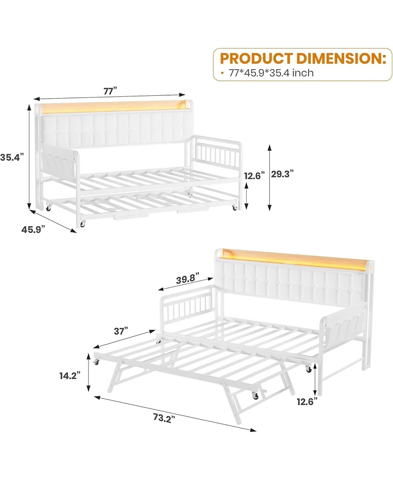 gaomon Twin Bed Frame Daybed with Trundle - with Led Light and Charging Station, Upholstered Sofa Bed with Storage Headboard