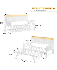 gaomon Twin Bed Frame Daybed with Trundle - with Led Light and Charging Station, Upholstered Sofa Bed with Storage Headboard
