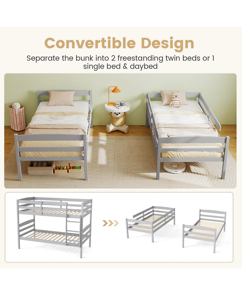 Slickblue Solid Wood Twin Bunk Bed Frame with High Guardrails and Secure Ladder