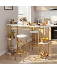 Gymax 3 Pieces 60'' Bar Table Set for 2 w/ Faux Marble Tabletop and Storage Shelves