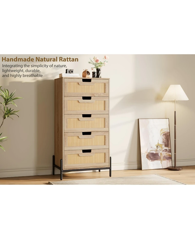 gaomon Rattan 5-Drawer Tall Dresser, Wooden Chest with Deep Drawers and Sturdy Legs, Versatile Cabinet for Bedroom