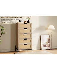 gaomon Rattan 5-Drawer Tall Dresser, Wooden Chest with Deep Drawers and Sturdy Legs, Versatile Cabinet for Bedroom