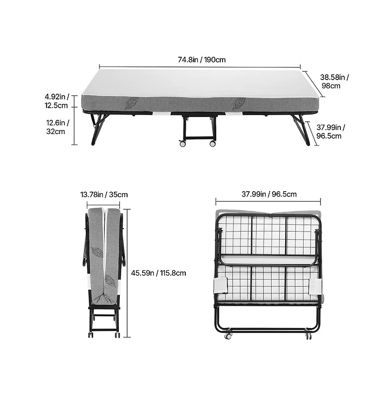 Sugift Folding Rollaway Bed with 5 in Foam Mattress, Twin Size Portable Roll Away Bed Frame, 450 lbs Capacity