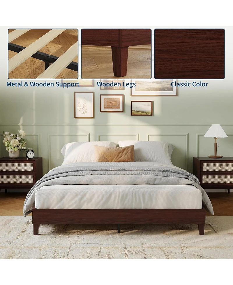 gaomon Full Size Bed Frame,9 Inch Sturdy Wood Platform Bed Without Headboard,Wooden Bed Frame with Strong Wood Slats Support,No Box Spring Neededd