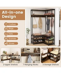 Gouun Wood Corner Hall Tree with Shoe Bench and Open Shelves