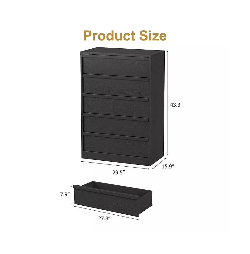 gaomon 5 Drawer Modern Handleless Dresser, 43" Tall Wooden Storage Organizer for Bedroom Living Room Nursery