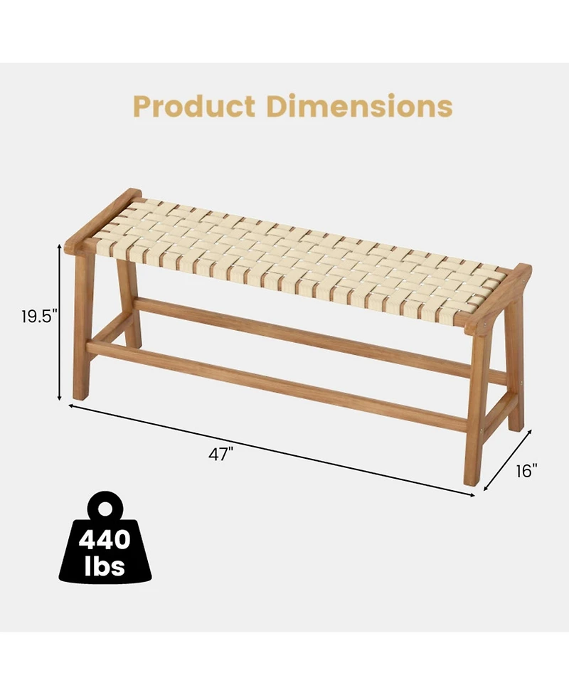 Sugift 47 in Teak Wood Backless Outdoor Bench with Hand-Woven Pp Seat