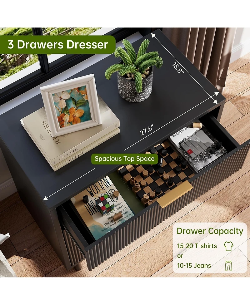 gaomon Fluted 3 Drawer Modern Dresser with Metal Legs, Wood Storage Chest for Bedroom Living Room