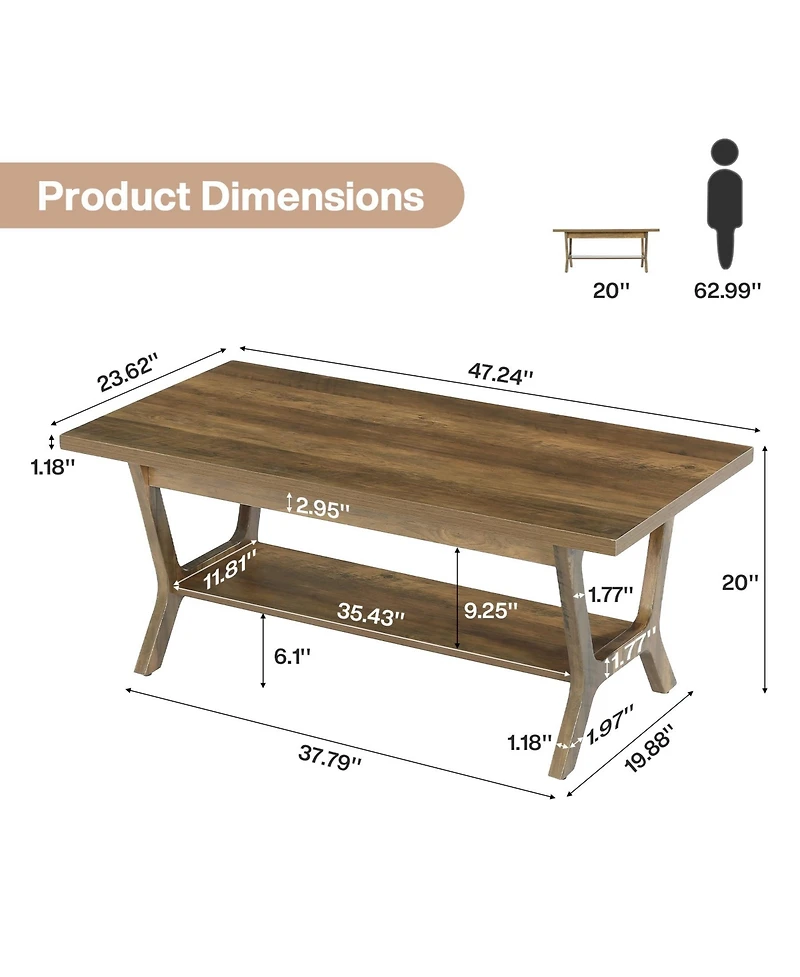 Tribesigns Coffee Table for Living Room, Farmhouse Rectangle Coffee Table with Storage Shelf, Rustic Wooden Center Tea Table