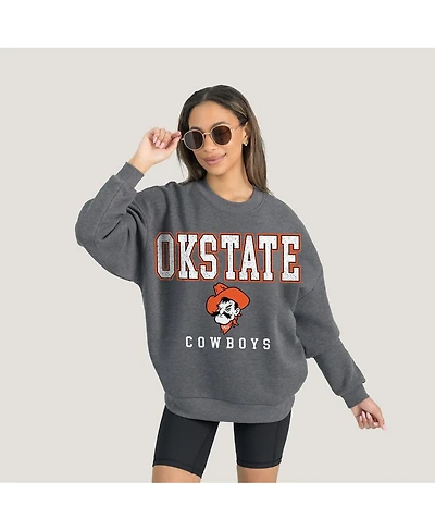 Gameday Couture Women's Heather Charcoal Oklahoma State Cowboys Oversized Distressed Fleece Pullover Sweatshirt
