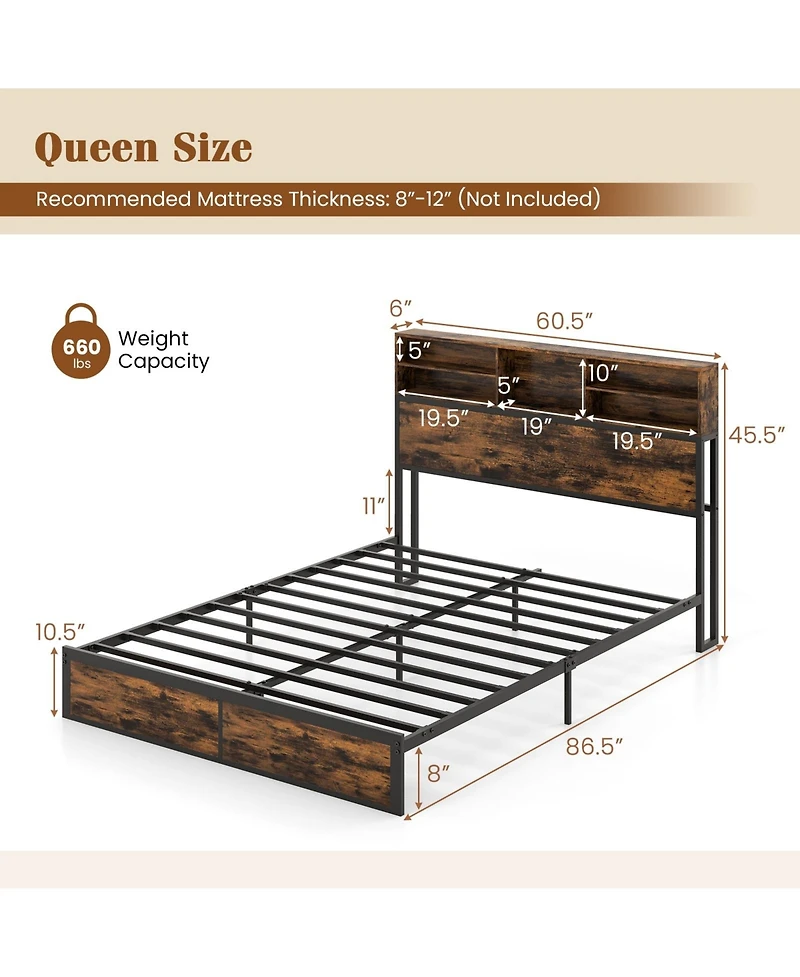 Slickblue Metal Platform Bed Frame with Storage Headboard
