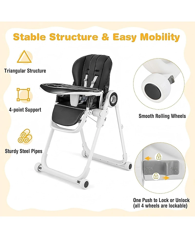 Gouun Baby Foldable High Chair with 4 Lockable Wheels and Double Tray