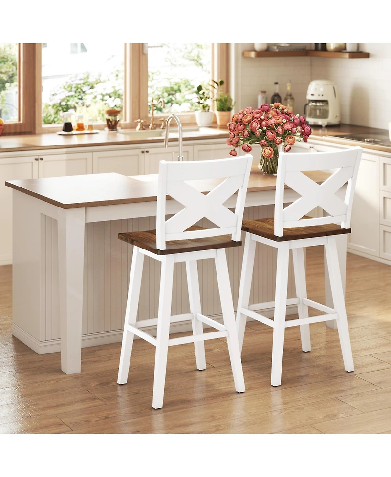 Slickblue Set of 2 Rubberwood Swivel Barstools with Backrest & Wide Seat
