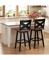 Slickblue Set of 2 Rubberwood Swivel Barstools with Backrest & Wide Seat