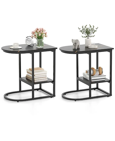 Gymax 2PCS C-Shaped Side Table Compact 2-tier Storage End for Small Space