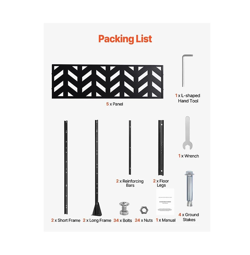 Sugift 47 x 72 in Freestanding 5-Panel Metal Privacy Screen, Steel Outdoor Divider with Stand for Balcony Patio Garden