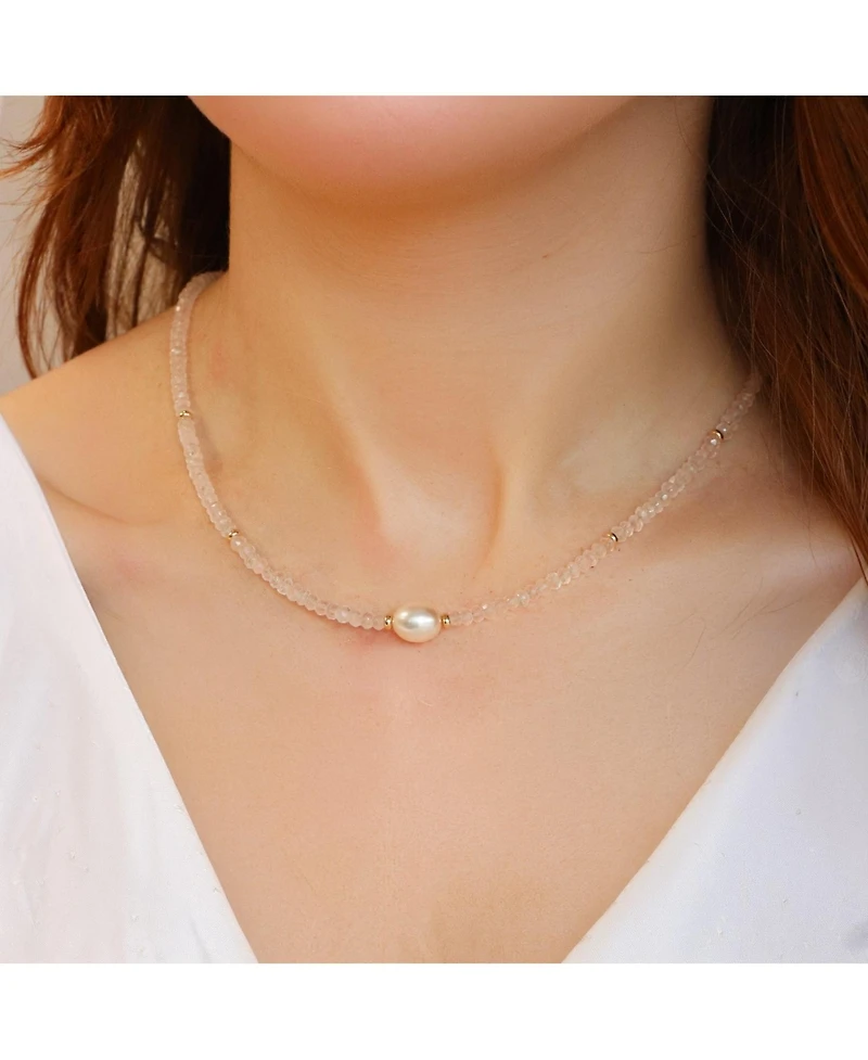 The Lovery Rose Quartz Bead Pearl Necklace 14K Gold