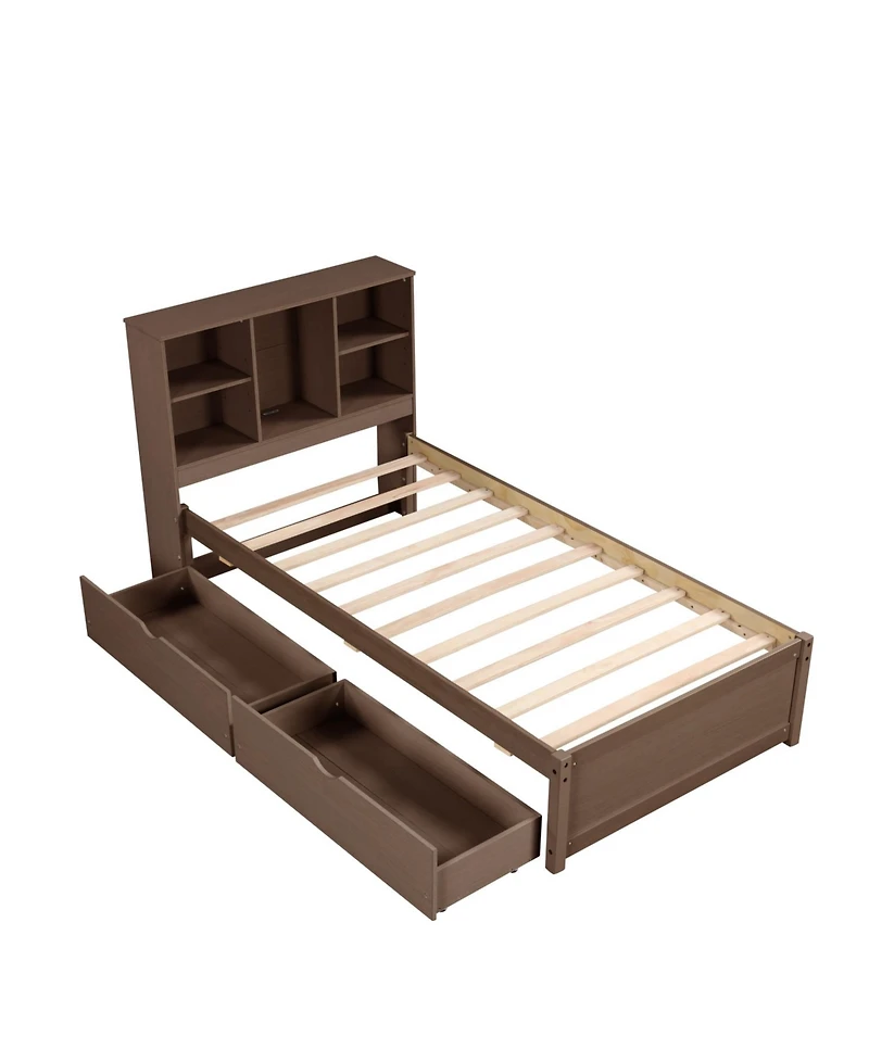 Rainsken Twin Storage Bed, with Bookcase Headboard and 2 Drawers, Built-in Usb Port, for Kids Teens Adults, No Box Spring Needed