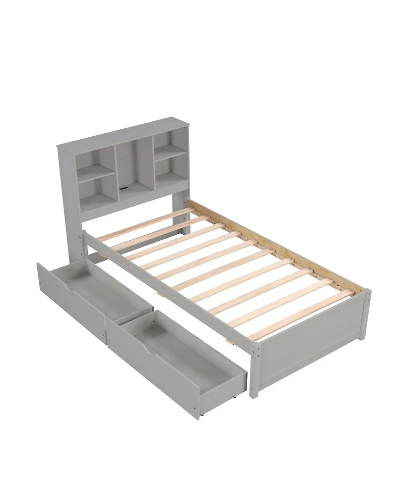 Rainsken Twin Storage Bed, with Bookcase Headboard and 2 Drawers, Built-in Usb Port, for Kids Teens Adults, No Box Spring Needed