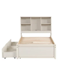 Rainsken Twin Storage Bed, with Bookcase Headboard and 2 Drawers, Built-in Usb Port, for Kids Teens Adults, No Box Spring Needed