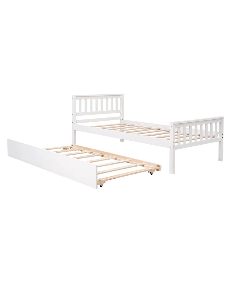 Rainsken Twin Bed with Trundle, Wood Platform Frame Headboard and Footboard, No Box Spring Needed for Kids Boys Girls Teens