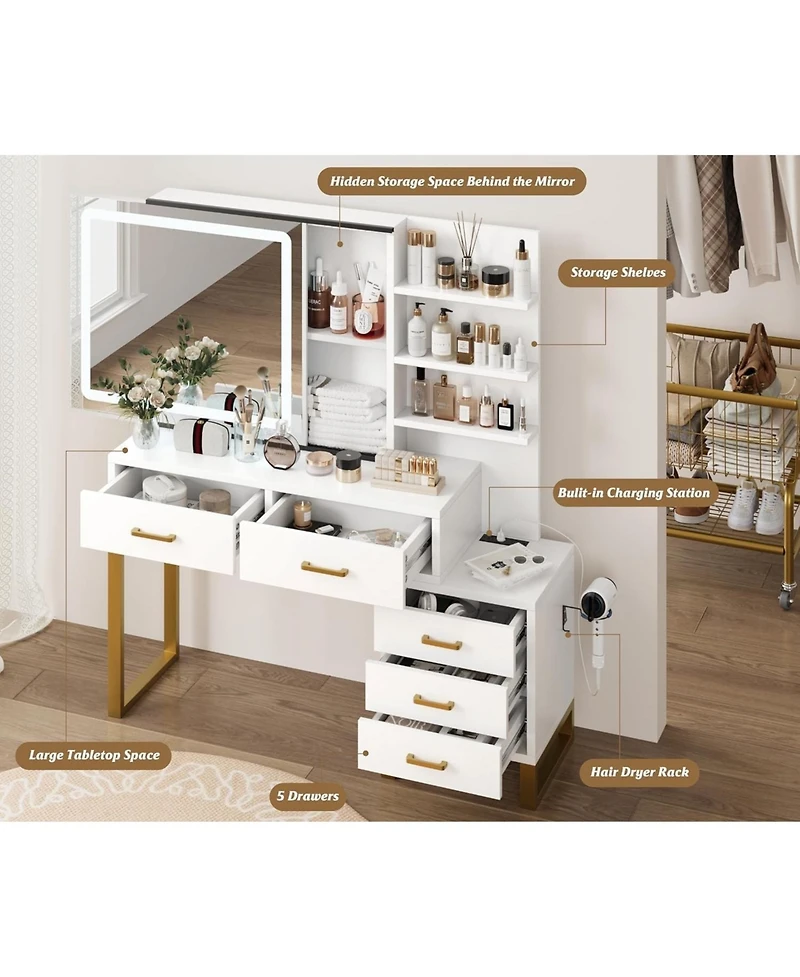 Homfan Large Makeup Vanity Desk with Sliding Mirror, Led Lights, Charging Station, 5 Drawers, 3 Open Shelves