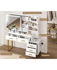 Homfan Large Makeup Vanity Desk with Sliding Mirror, Led Lights, Charging Station, 5 Drawers, 3 Open Shelves