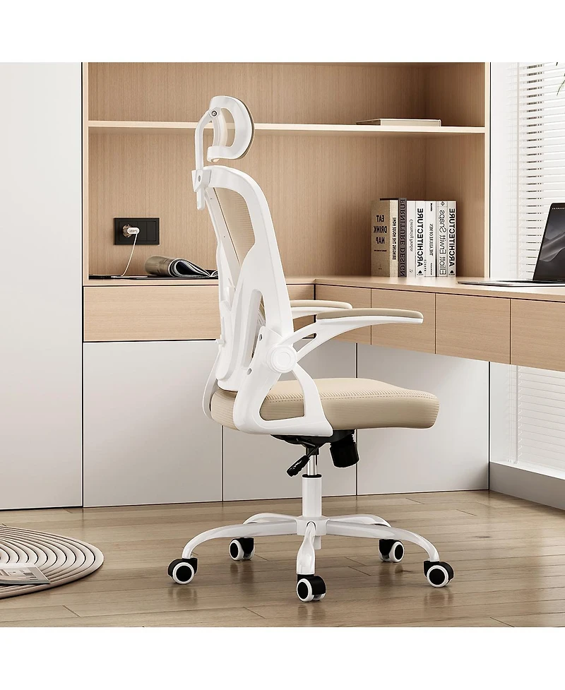 Flynama WhiteandKhaki High Back Mesh Chair,HeadrestandAdjustable Lumbar Support