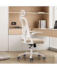 Flynama WhiteandKhaki High Back Mesh Chair,HeadrestandAdjustable Lumbar Support