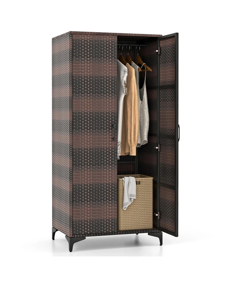 Gouun Metal Frame Tall Wicker Wardrobe Closet with Hanging Rod and Doors
