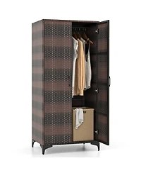 Gouun Metal Frame Tall Wicker Wardrobe Closet with Hanging Rod and Doors