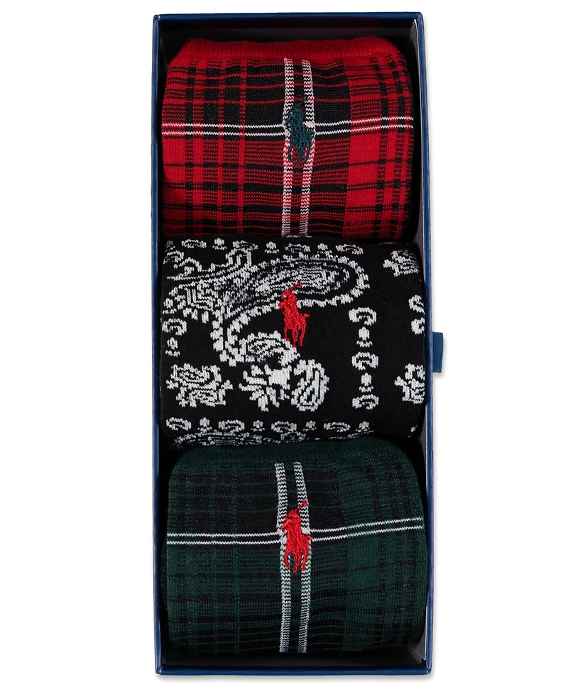 Polo Ralph Lauren Men's Chopped Bandana and Plaid Pattern Socks, 3-Pack
